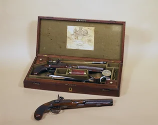 Coppia di pistole a percussione in custodia, realizzate da John Manton & Son, Londra, Inghilterra